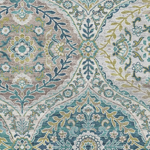 HomeRoots 10' X 14' Teal Ivory Beige Floral Area Rug - Washable, UV Protected, Durable & Stain Resistant Design 710304
