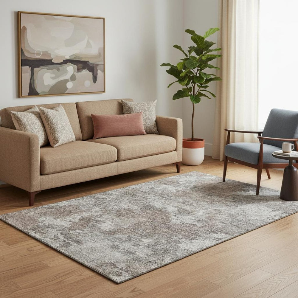 HomeRoots 8' Brown and Gray Abstract Washable Round Rug - Stylish, Durable, UV Protected for High-Traffic Areas 710307
