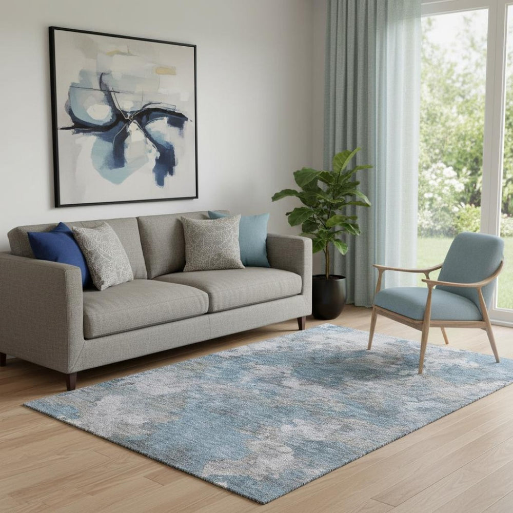 HomeRoots 8' Denim Blue & Gray Abstract Washable Round Rug - Durable, UV-Protected, Stain-Resistant Design 710313