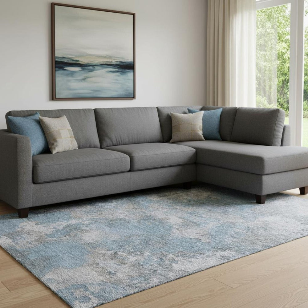 HomeRoots 9' X 12' Washable Denim Blue & Gray Abstract Area Rug – Stain Resistant, UV Protected, Modern Design! 710315