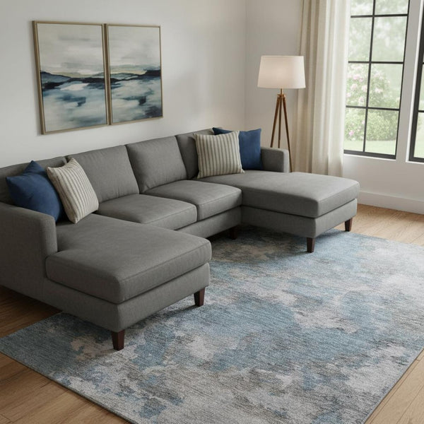 HomeRoots 10' Contemporary Denim Blue & Gray Abstract Washable Area Rug with UV Protection for Homes 710316