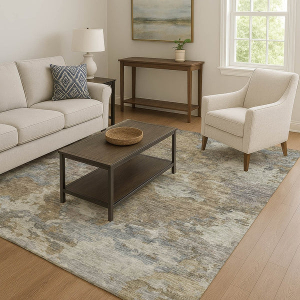 HomeRoots 5' X 8' Modern Gold and Gray Abstract Washable Area Rug - Durable, UV Protected, Easy-Care Design 710318