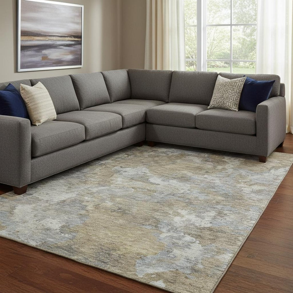 HomeRoots 9' X 12' Gold And Gray Abstract Washable Area Rug - UV Protected, Durable, Pet-Friendly Design! 710321