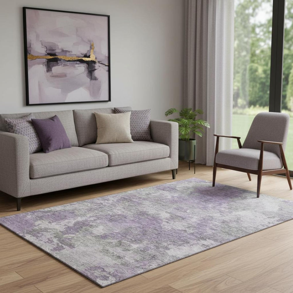 HomeRoots 8' Purple and Gray Abstract Round Rug – Washable, UV-Protected, Stain-Resistant, Kid & Pet Friendly! 710325