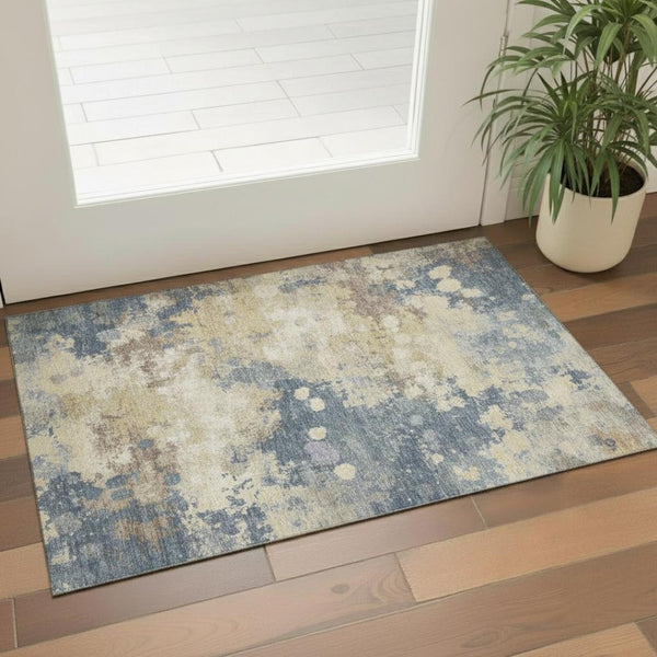 HomeRoots 5' X 8' Gold and Blue Abstract Area Rug – UV Protected, Washable, Durable for Homes with Kids & Pets 710330