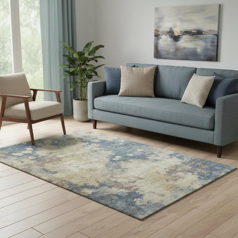 HomeRoots 8' Gold and Blue Abstract Washable Round Rug – UV Protected, Pet-Friendly, Stain Resistant, Non-Slip! 710331