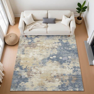 HomeRoots 10' X 14' Gold and Blue Abstract Area Rug - Stylish, Washable, UV-Protected & Family-Friendly Décor 710334