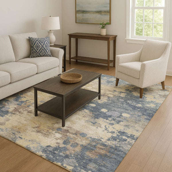 HomeRoots 10' X 14' Gold and Blue Abstract Area Rug - Stylish, Washable, UV-Protected & Family-Friendly Décor 710334