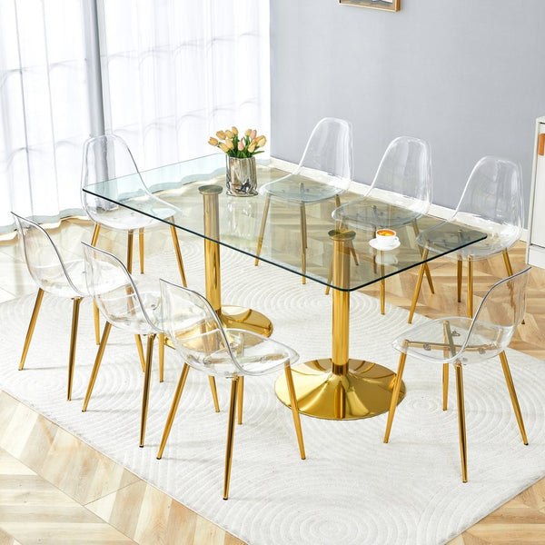 English Elm Table and Chair Set Tempered Glass Top with Gold Leg Ghost Seats for Dining Room W1151S04559