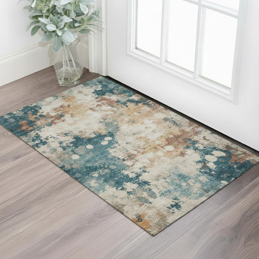HomeRoots 5' Beige, Copper & Blue Abstract Area Rug - Washable, UV-Protected, Non-Slip for High-Traffic Spaces 710342