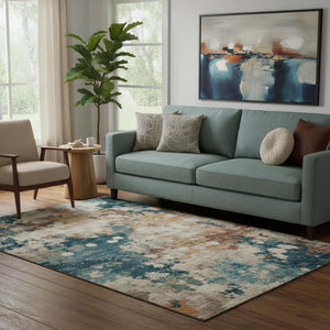 HomeRoots 8' Beige Copper and Blue Abstract Round Rug - Washable, UV-Protected, Stylish & Durable Design 710343