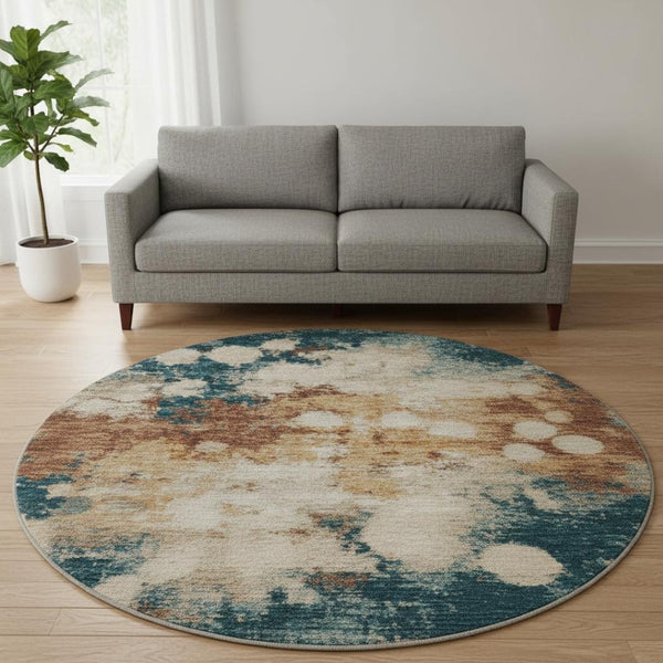 HomeRoots 8' X 10' Washable Area Rug in Beige, Copper & Blue - UV Protected, Kid & Pet Friendly for Modern Homes 710344