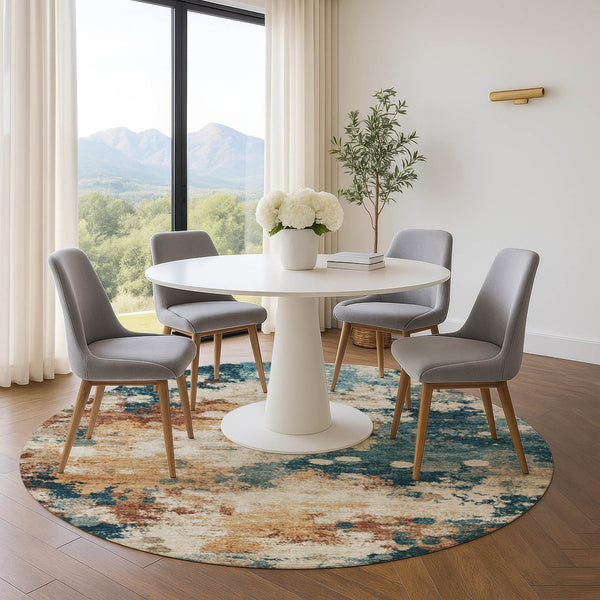 HomeRoots 8' X 10' Washable Area Rug in Beige, Copper & Blue - UV Protected, Kid & Pet Friendly for Modern Homes 710344