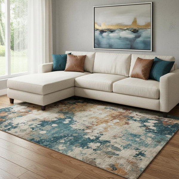 HomeRoots 9' X 12' Abstract Beige, Copper & Blue Washable Area Rug with UV Protection for Stylish Spaces 710345