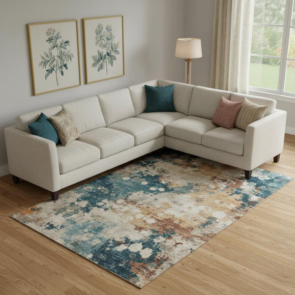 HomeRoots 10' X 14' Stylish Beige Copper & Blue Abstract Area Rug – Washable, UV-Protected & Non-Slip Design! 710346
