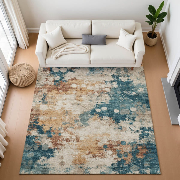 HomeRoots 10' X 14' Stylish Beige Copper & Blue Abstract Area Rug – Washable, UV-Protected & Non-Slip Design! 710346