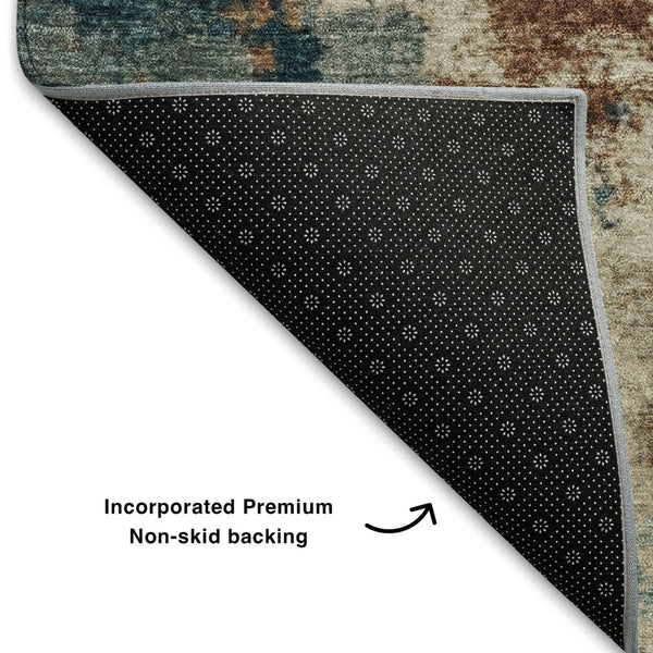 HomeRoots 10' X 14' Stylish Beige Copper & Blue Abstract Area Rug – Washable, UV-Protected & Non-Slip Design! 710346
