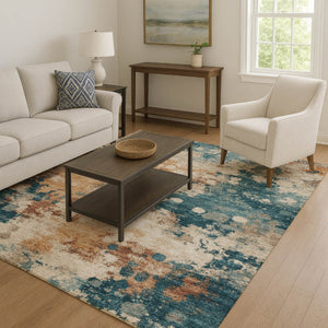 HomeRoots 10' X 14' Stylish Beige Copper & Blue Abstract Area Rug – Washable, UV-Protected & Non-Slip Design! 710346
