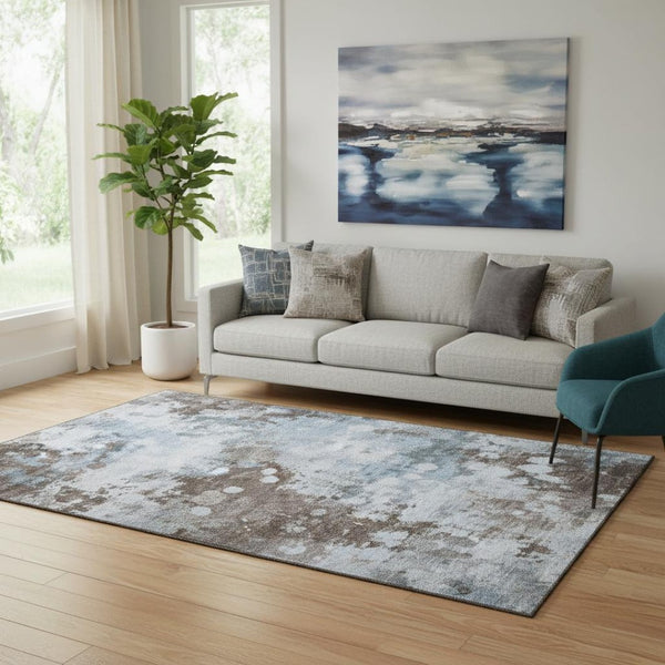 HomeRoots 8' Sky Blue and Brown Abstract Washable Round Rug – UV Protected, Stain Resistant, Durable Style! 710349