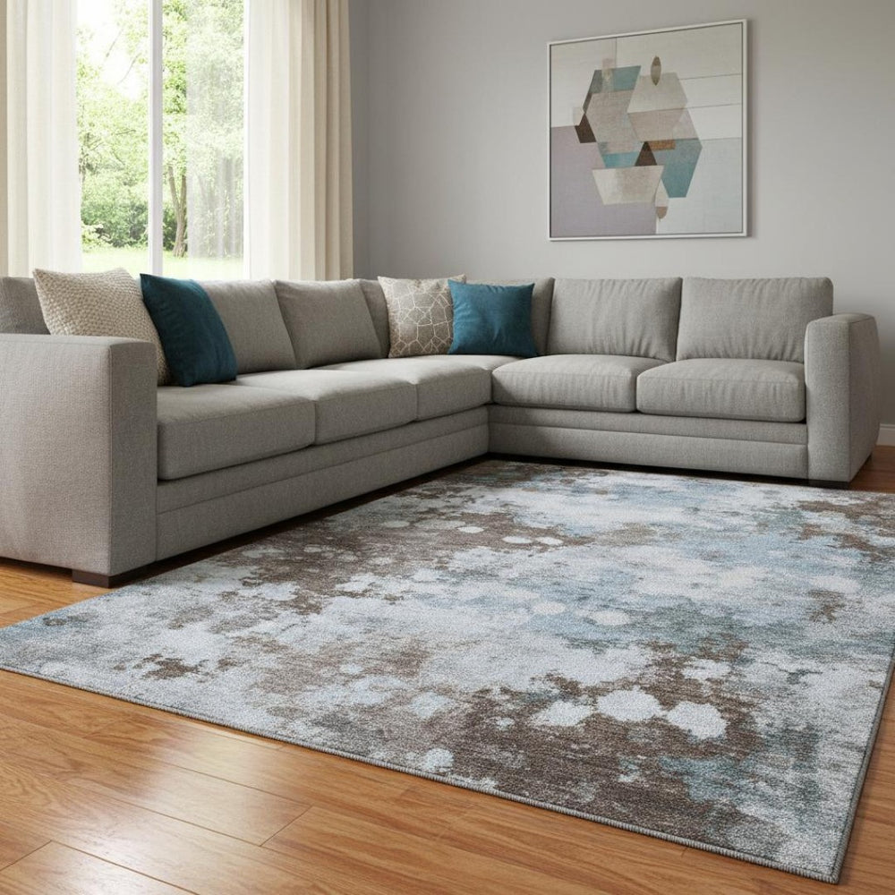 HomeRoots 9' X 12' Sky Blue & Brown Abstract Washable Area Rug - Durable, UV Protected, Perfect for Families! 710351