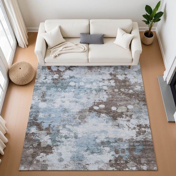 HomeRoots 9' X 12' Sky Blue & Brown Abstract Washable Area Rug - Durable, UV Protected, Perfect for Families! 710351