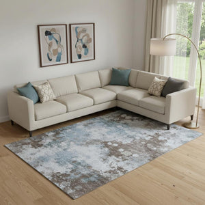 HomeRoots 10' Sky Blue & Brown Abstract Area Rug - Washable, UV Protected, Durable & Stylish for Any Room 710352