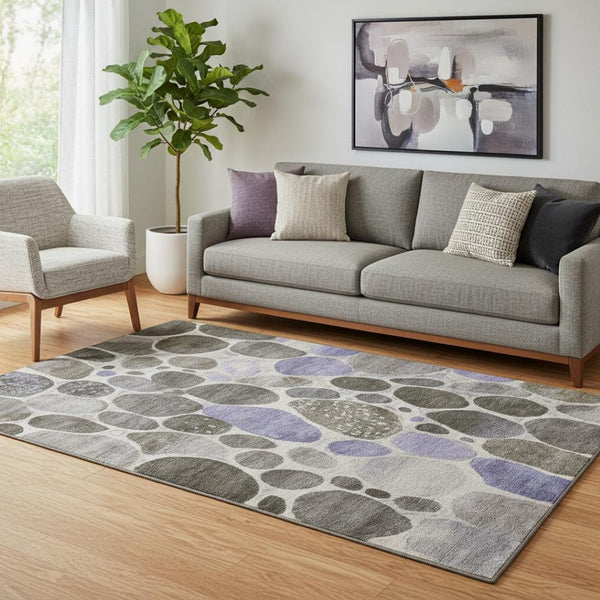 HomeRoots 8' Geometric Washable Round Rug in Chocolate, Ivory & Lavender — Durable, Stain-Resistant & UV-Protected! 710355
