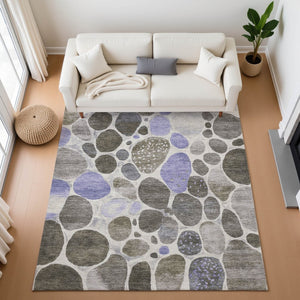 HomeRoots 8' Geometric Washable Round Rug in Chocolate, Ivory & Lavender — Durable, Stain-Resistant & UV-Protected! 710355