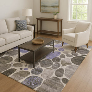 HomeRoots 8' Geometric Washable Round Rug in Chocolate, Ivory & Lavender — Durable, Stain-Resistant & UV-Protected! 710355