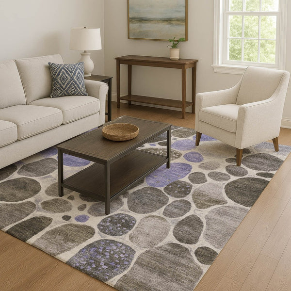 HomeRoots 8' Geometric Washable Round Rug in Chocolate, Ivory & Lavender — Durable, Stain-Resistant & UV-Protected! 710355