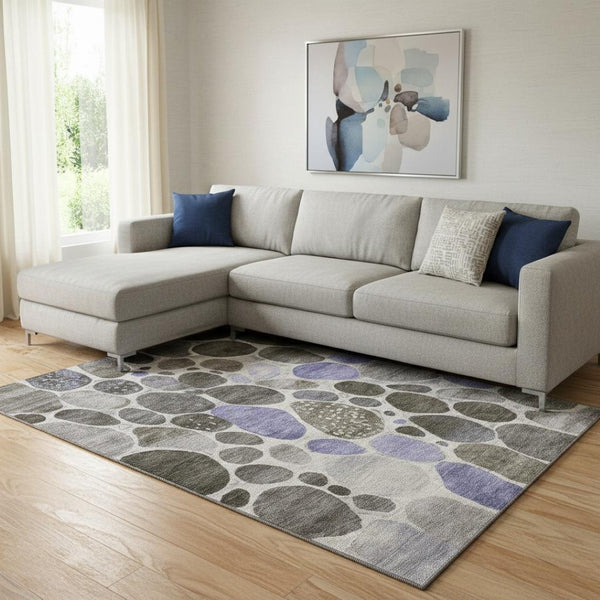 HomeRoots 9' X 12' Modern Geometric Washable Area Rug - Chocolate, Ivory & Lavender with UV Protection! 710357