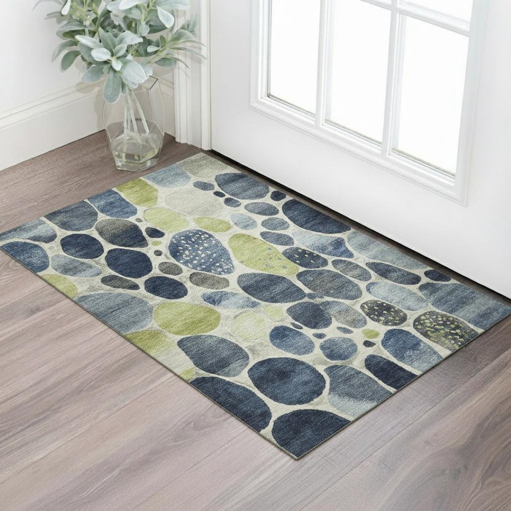 HomeRoots 5' X 8' Denim Blue, Lime Green & Ivory Geometric Area Rug - Durable, UV Protected, Easy-Care Design 710360