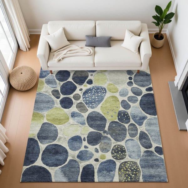 HomeRoots 5' X 8' Denim Blue, Lime Green & Ivory Geometric Area Rug - Durable, UV Protected, Easy-Care Design 710360