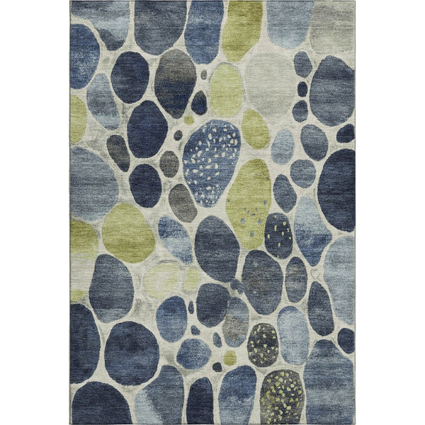 HomeRoots 5' X 8' Denim Blue, Lime Green & Ivory Geometric Area Rug - Durable, UV Protected, Easy-Care Design 710360