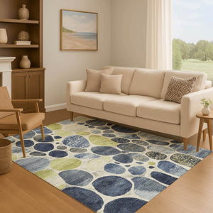 HomeRoots 5' X 8' Denim Blue, Lime Green & Ivory Geometric Area Rug - Durable, UV Protected, Easy-Care Design 710360