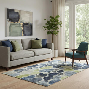 HomeRoots 8' Washable Geometric Round Rug in Denim Blue, Lime Green & Ivory - UV Protected for High-Traffic Areas 710361