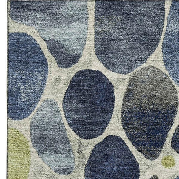 HomeRoots 8' Washable Geometric Round Rug in Denim Blue, Lime Green & Ivory - UV Protected for High-Traffic Areas 710361