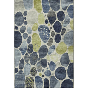 HomeRoots 8' Washable Geometric Round Rug in Denim Blue, Lime Green & Ivory - UV Protected for High-Traffic Areas 710361