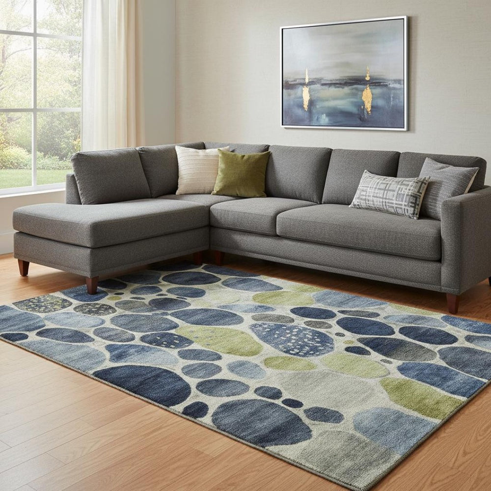 HomeRoots 9' X 12' Geometric Area Rug in Denim Blue, Lime Green & Ivory - Washable, UV Protected & Durable Design 710363