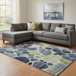 HomeRoots 9' X 12' Geometric Area Rug in Denim Blue, Lime Green & Ivory - Washable, UV Protected & Durable Design 710363