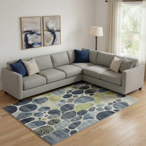 HomeRoots 10' Geometric Area Rug in Denim Blue, Lime Green & Ivory - Washable, UV-Protected, Non-Slip Design 710364