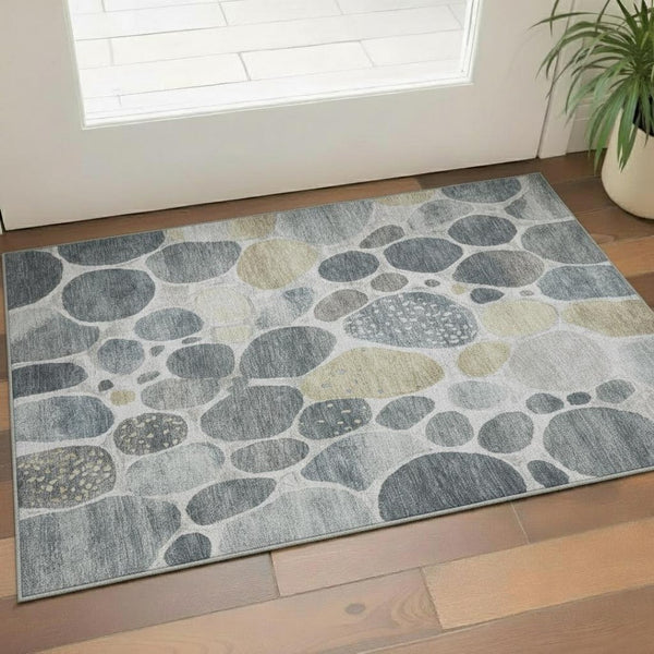 HomeRoots 5' X 8' Stylish Pewter Beige & Gray Geometric Washable Area Rug with UV Protection for Homes 710366