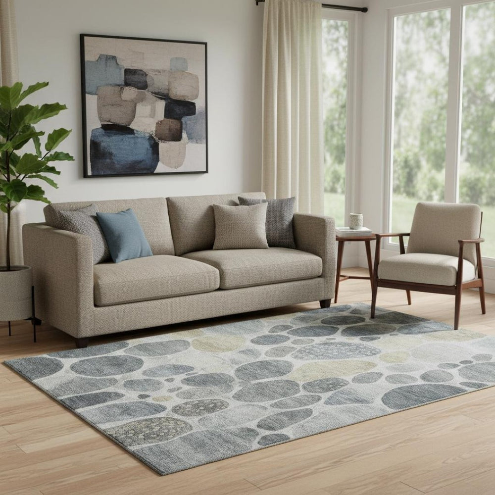 HomeRoots 8' Washable Geometric Round Rug in Pewter, Beige & Gray – Durable, Stain-Resistant, UV Protected! 710367