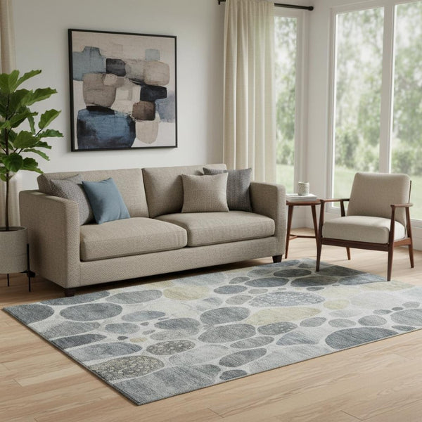 HomeRoots 8' Washable Geometric Round Rug in Pewter, Beige & Gray – Durable, Stain-Resistant, UV Protected! 710367
