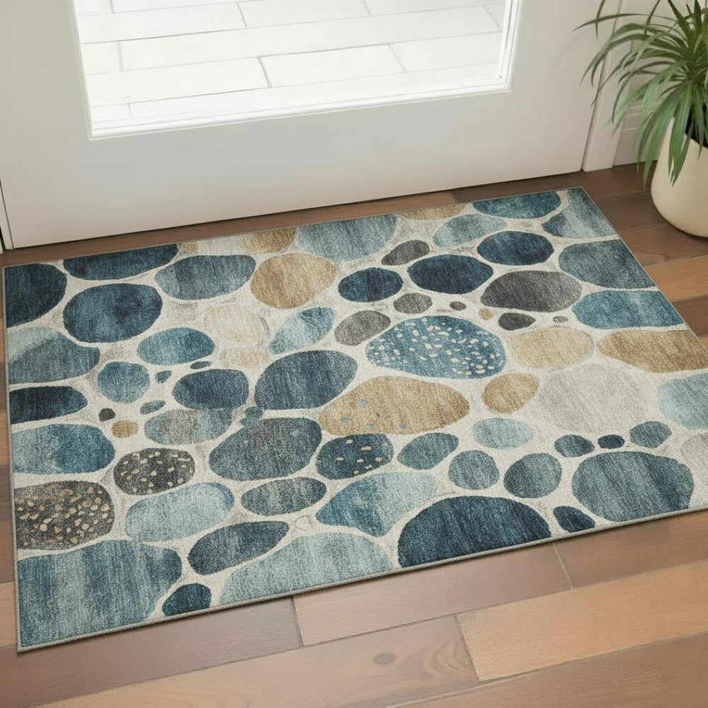 HomeRoots 5' X 8' Teal Beige Ivory Geometric Area Rug - Soft, Washable, UV-Protected, Stain-Resistant Style! 710372