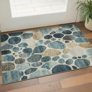 HomeRoots 5' X 8' Teal Beige Ivory Geometric Area Rug - Soft, Washable, UV-Protected, Stain-Resistant Style! 710372