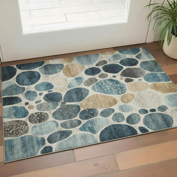 HomeRoots 5' X 8' Teal Beige Ivory Geometric Area Rug - Soft, Washable, UV-Protected, Stain-Resistant Style! 710372