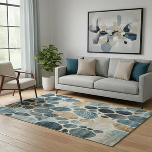 HomeRoots 8' Teal Beige and Ivory Geometric Washable Round Rug – UV Protected, Stylish, and Easy Care! 710373
