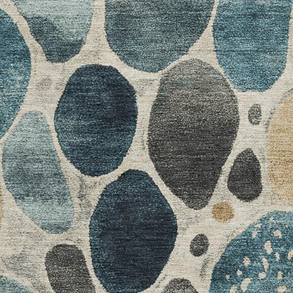 HomeRoots 8' Teal Beige and Ivory Geometric Washable Round Rug – UV Protected, Stylish, and Easy Care! 710373