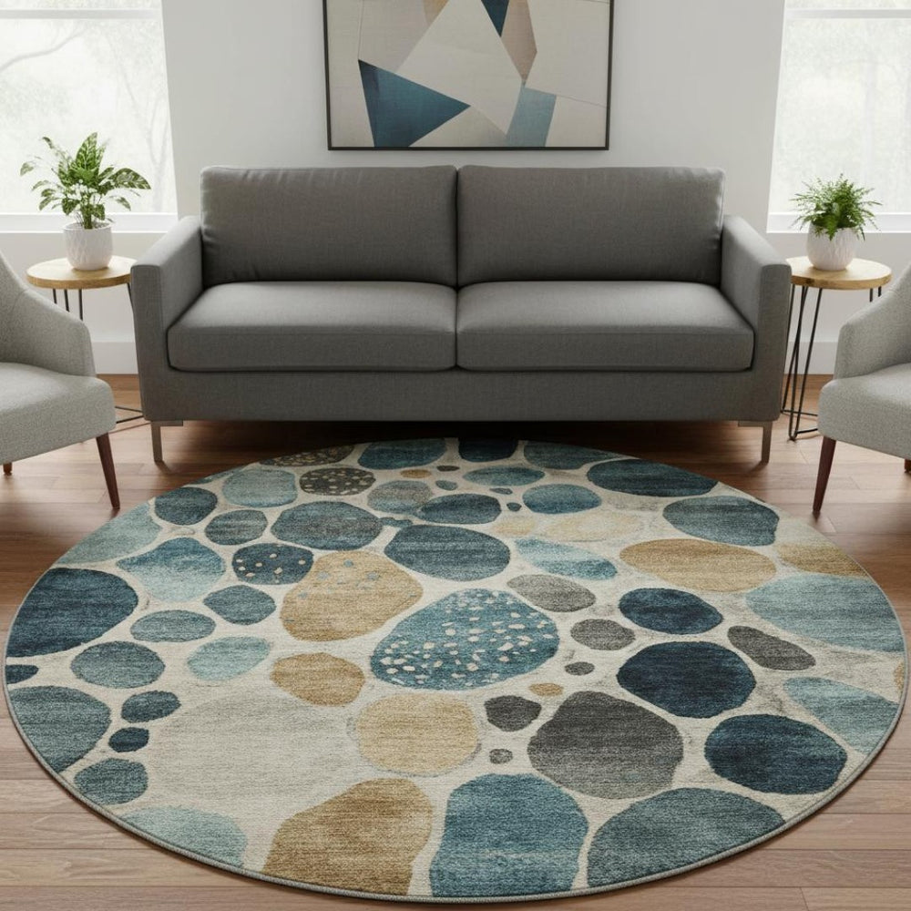 HomeRoots 8' X 10' Modern Geometric Washable Area Rug in Teal, Beige & Ivory with UV Protection & Non-Slip 710374